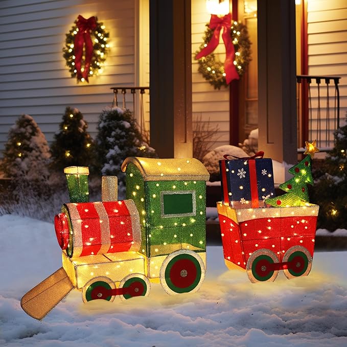 5FT Light-Up Christmas Train Decor with 170 LED Lights, 3D Pre-Lit Train Set with Gift Box and Christmas Tree for Xmas Decoration, Freestanding Glittered Holiday Display for Outdoor, Indoor-Ruum Studio Home