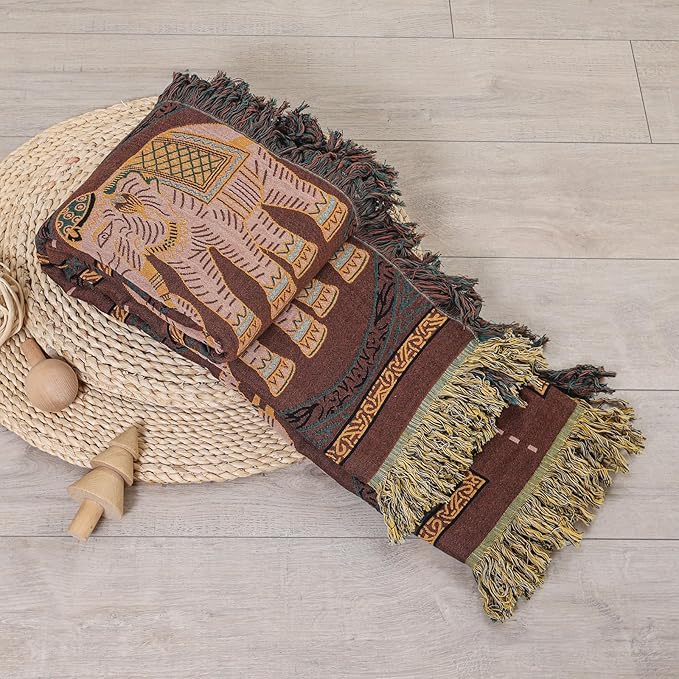 Boho Throw Blanket for Bed with Tassels,100% Cotton Ultra Soft and Cozy Large Blanket Elephant Printed Farmhouse Decor Bed Blankets,80"×90" All Season Rustic Throw for Sofa Couch Chair-Brown-Ruum Studio Home