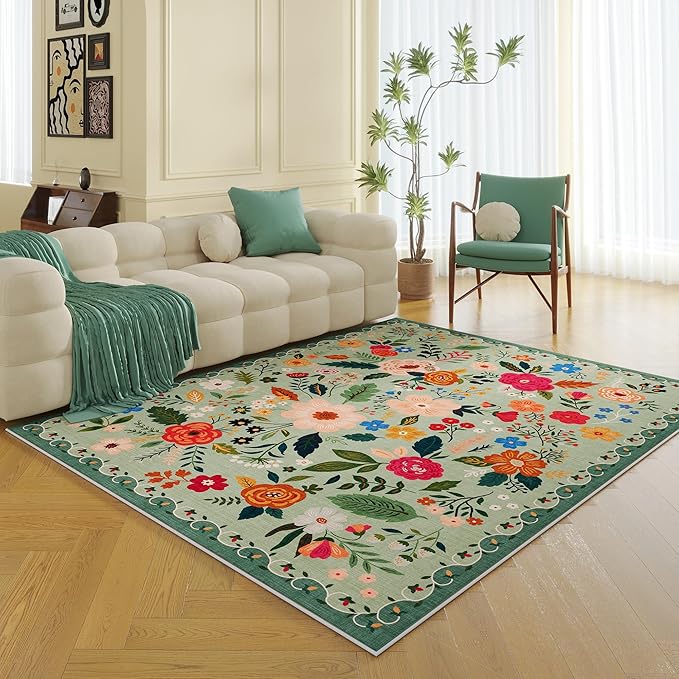 Living Room Rug 5x7 Rug Machine Washable Boho Area Rug Non Slip Floral Vintage Low Pile Large Rugs for Living Room, Bedroom, Farmhouse, Dining Room, Kids Playroom(Green)-Ruum Studio Home