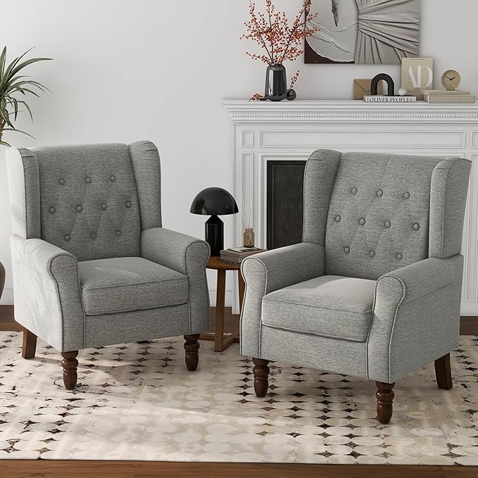 Lumibee High Back Accent Chair Set of 2,Upholstered Wingback Armchair with Solid Wood Legs for Small Spaces,Comfy Single Sofa Chair for Living Room,Bedroom,Office-Light Gray-Ruum Studio Home