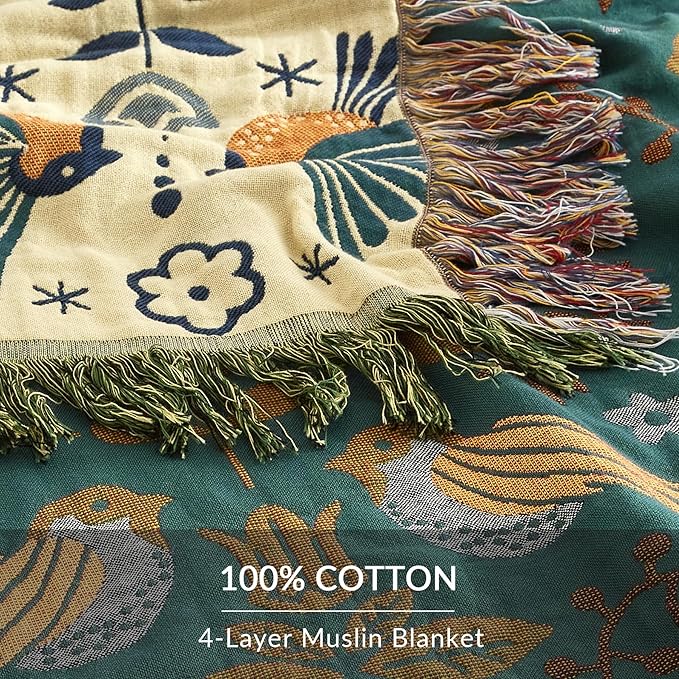 Boho Throw Blanket for Couch Sofa Bed, 100% Cotton Woven Quilt with Tassel 80”x90”, Super Soft Muslin Blanket with Bird Printed, Decorative Reversible Bed Blanket/Cover for All Seasons-Ruum Studio Home