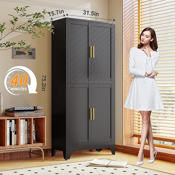 75.2" Tall Metal Pantry Cabinet, Storage Cabinets with 4 Door and 4 Adjustable Shelves, Black Kitchen Pantry Storage Cabinet, Freestanding Cupboard for Kitchen Dining Room Living Room Bathroom-Ruum Studio Home
