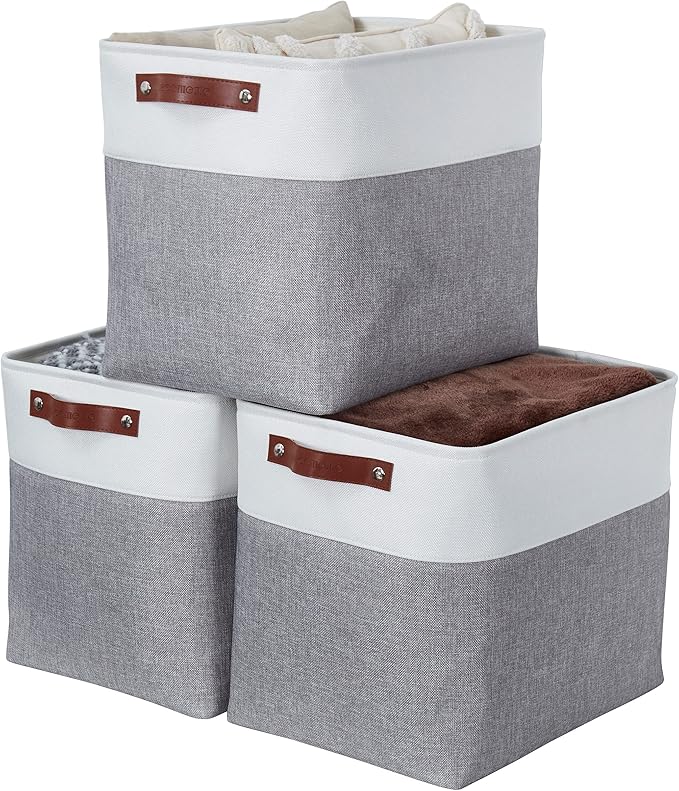 DECOMOMO Storage Baskets | Large Storage Bins 54.5L Fabric Baskets for Organizing Laundry Nursery Toys Cloth Linen Closet Organizers with Handles (Grey and White, XXXL - Jumbo/3P - 17" x 13" x 15")-Ruum Studio Home