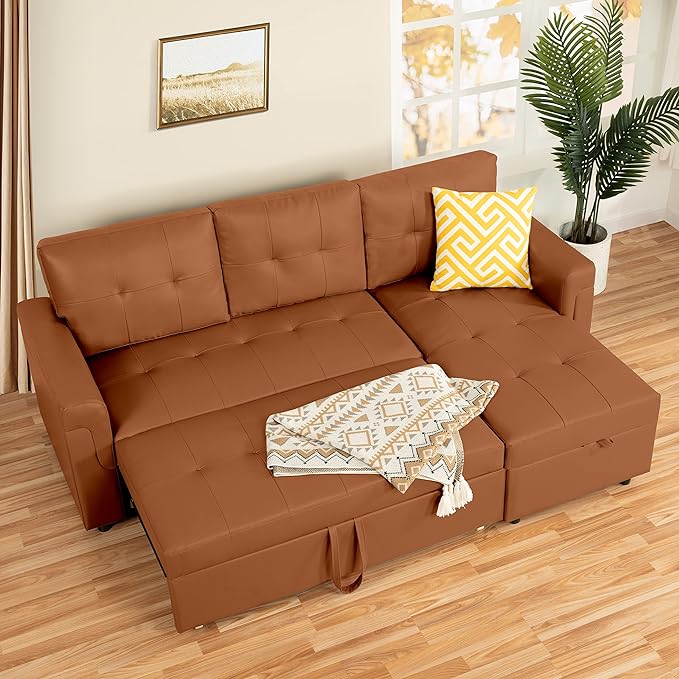 Naomi Home L-Shaped Reversible Sectional Sofa with Pull-Out Sleeper Bed and Storage Chaise, Caramel Air Leather-Ruum Studio Home