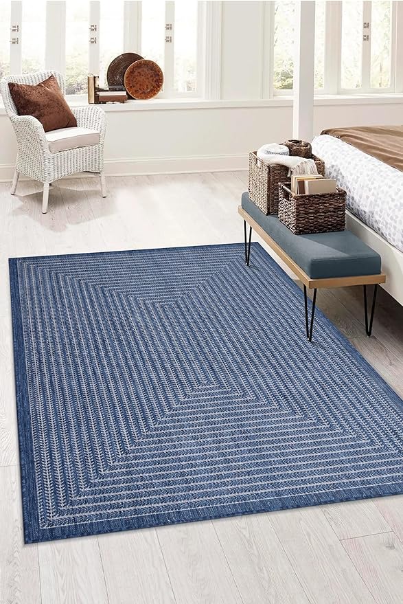 Adiva Rugs Outdoor Indoor Area Rug, Weather Resistant, Easy to Clean, Stain Resistant Floor Mat for Dining Room, Backyard, Deck, Patio (Navy Weiss, 2'6" x 7')-Ruum Studio Home