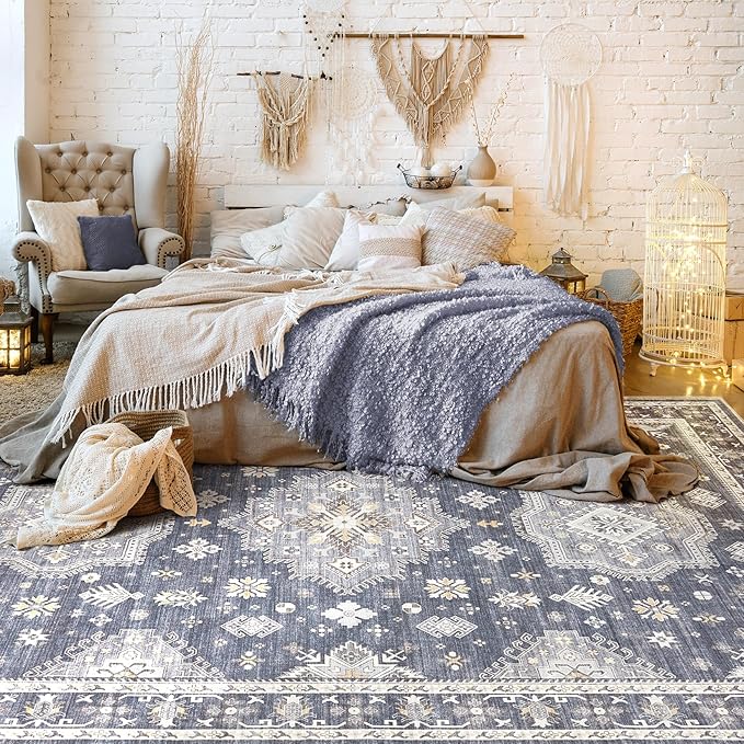 Washable Area Rugs for Living Room - 7x9 Neutral Vintage Distressed Floral Farmhouse Boho Large Soft Floor Rug Indoor Non Slip Carpet for Living Room Bedroom Dining Room Office - Denim Blue/Grey-Ruum Studio Home