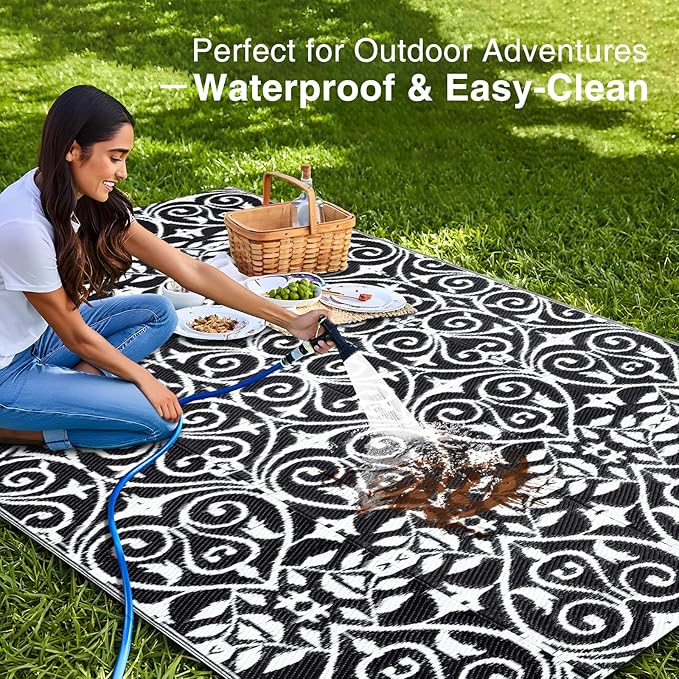 OLANLY Outdoor Rug Waterproof 5x8 ft Clearance, Reversible Outdoor Plastic Straw Rug with Floral Pattern, RV Mat for Patio, Camping, Balcony, Deck, Backyard, Black & White-Ruum Studio Home