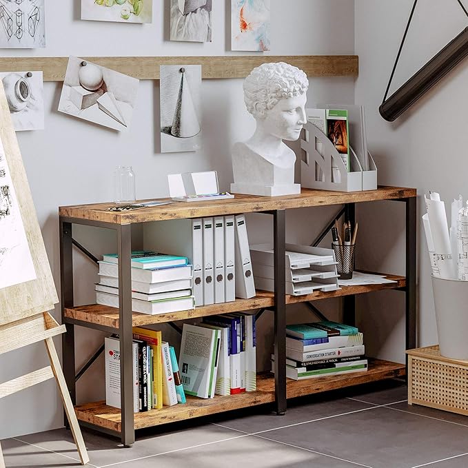 IRONCK Rustic Entryway Console Table, Long Hallway Table 55 in 3-Tier, TV Stand Entertainment Center Media Stand for Living Room, Industrial Style, Vintage Brown-Ruum Studio Home