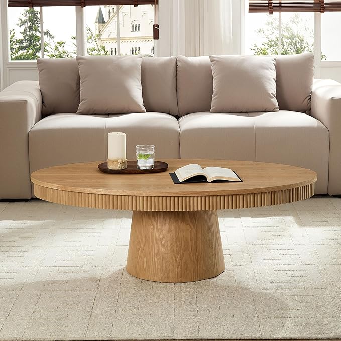 Modern Oval Coffee Table with Wood Pedestal,47.24" Farmhouse Center Table for Living Room, Ellipse Coffee Tables Tea Table for Bedroom, Apartment-Natural-Ruum Studio Home