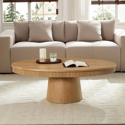 Modern Oval Coffee Table with Wood Pedestal,47.24" Farmhouse Center Table for Living Room, Ellipse Coffee Tables Tea Table for Bedroom, Apartment-Natural-Ruum Studio Home