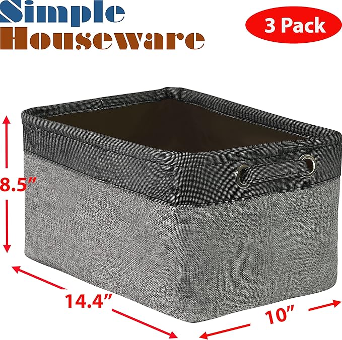 SIMPLE HOUSEWARE Large Fabric Storage Bin, 14.4" x 10" with Handles, 3-Pack, Foldable Organizer for Closet and Shelf, Dark Gray-Ruum Studio Home