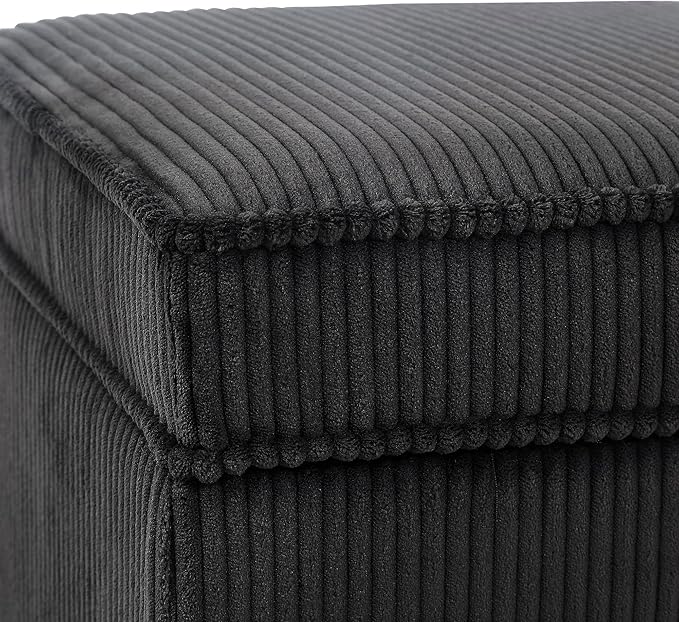 Adeco 17 Inch High Striped Flannel Black Cube Ottoman Storage, 3D Embossed Velvet Chair Foot Stools, Upholstered Vanity Stool with Hinged Lid, Solid Round Wood Legs-Ruum Studio Home