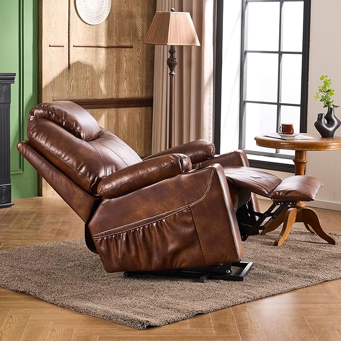 SALOHZA Power Lift Recliner Chair for Elderly with Massage and Heat for Living Room, Electric Recliner Chair for Adults with USB/Type C Port/Cup Holders, PU Faux Leather, Light Brown-Ruum Studio Home