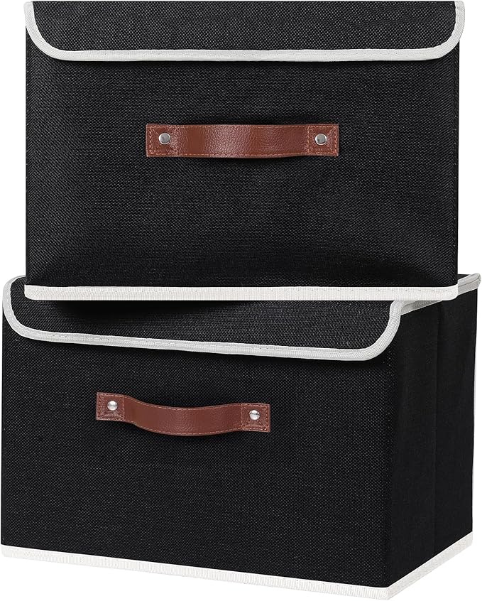 ANMINY 4PCS Storage Bins with Lid PU Leather Handles Storage Boxes PP Plastic Board Decorative Foldable Lidded Cotton Linen Fabric Home Cubes Baskets Closet Organizer Containers - Black, Large Size-Ruum Studio Home