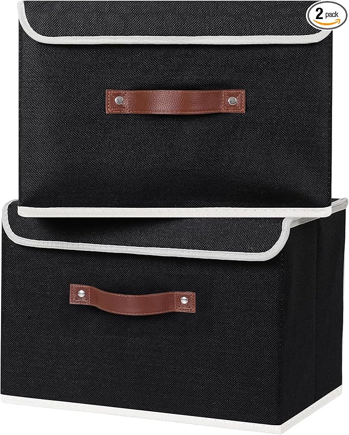 ANMINY 2PCS Storage Bins with Lid PU Leather Handles Storage Boxes PP Plastic Board Decorative Foldable Lidded Cotton Linen Fabric Home Cubes Baskets Closet Organizer Containers - Black, Large Size-Ruum Studio Home