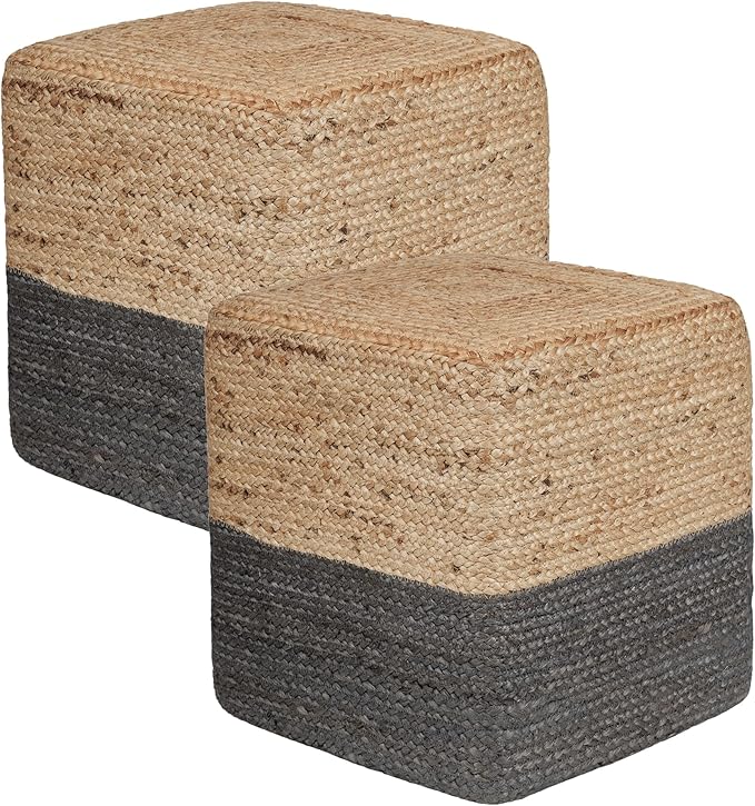 REDEARTH · Cube Pouf Foot Stool Ottoman - Jute Braided Pouffe Poof Accent Sitting Footrest for The Living Room, Bedroom, Nursery, Patio, Lounge & Other Rooms, Set of 2(14.5”x14.5”x16”; Natural Gray)-Ruum Studio Home