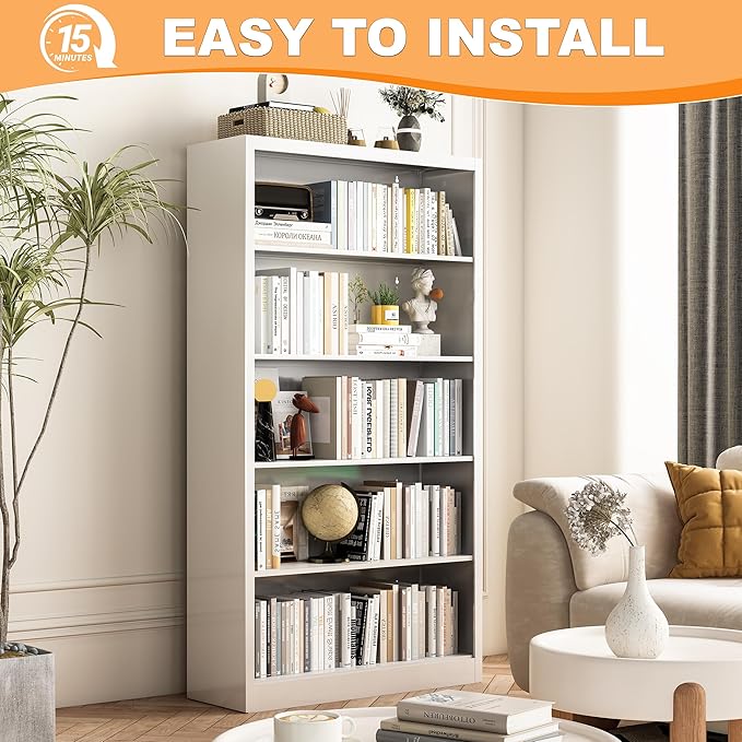 White Bookshelf, 55” Adjustable Tall Metal Bookshelf, 5-Tier Wide Bookshelf with Anti-Tilt Device, Modern Book Cases and Book Shelves for Bedroom, Living Room, Playroom, Study-Ruum Studio Home