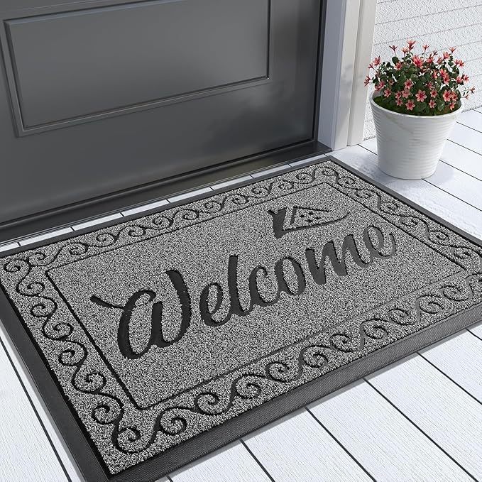 Yimobra Welcome Mat, Heavy Duty Sturdy Door Mats for Home Entrance Outdoor Indoor, Front Doormat for Outside Patio Floor Entry Porch Garage Office, Waterproof, Low Profile, 29.5 x 17, Black Grey-Ruum Studio Home