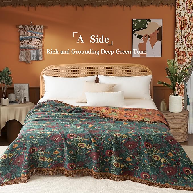 Boho Throw Blanket Twin Size, Soft Cozy Cotton Muslin Quilt Blanket for Bed Decor, Floral Patterned Couch Sofa Chair Cover, Vintage Farmhouse Cottage Tapestry Woven Blanket, Green&Orange-Ruum Studio Home