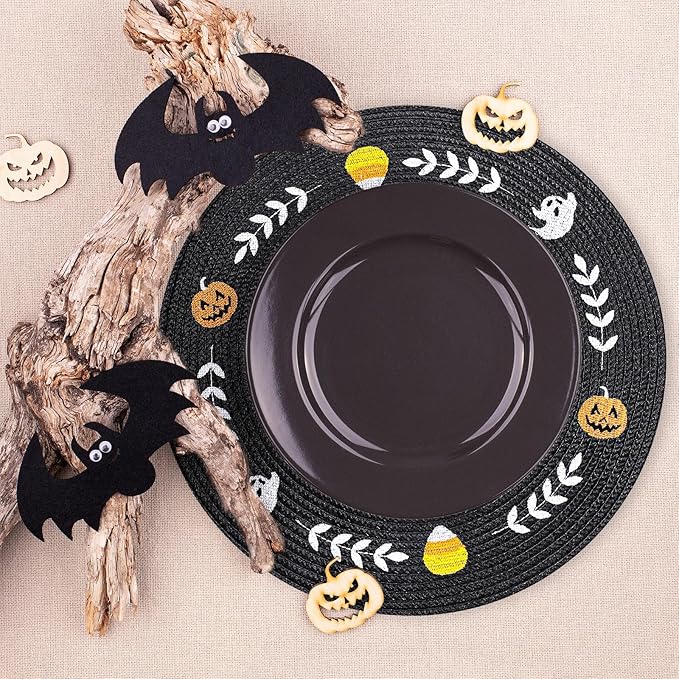 Whaline 4Pcs Round Halloween Placemats Embroidered Ghost Pumpkin Candy Corn Place Mats Black Spooky Dinner Table Mats for Halloween Party Decor-Ruum Studio Home