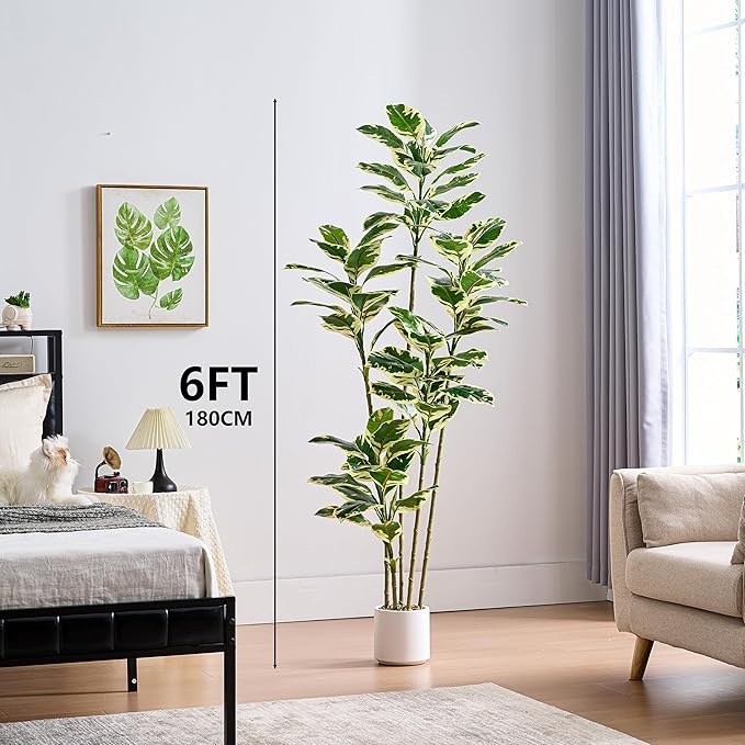 Artificial Rubber Plant 6FT Faux Plants Indoor Fake Rubber Tree with White Planter, Tall Fake Plants Potted Tree Floor Plant in Pot, Artificial Trees for Home Office Room Outdoor Decor-Ruum Studio Home
