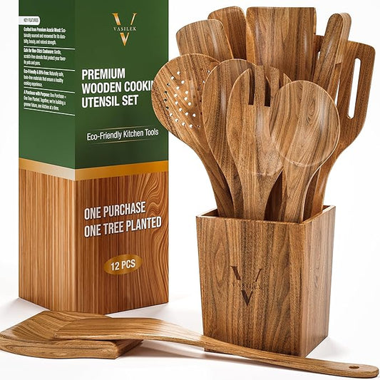Vasilek Wooden Cooking Utensils Set – 12-Piece Acacia Wood Kitchen Utensil Set with Square Holder & Spoon Rest, Non Toxic Wooden Tools for Nonstick Cookware, Spatula, Ladle, Serving Spoon-Ruum Studio Home