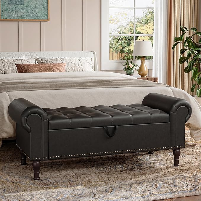 Storage Ottoman Bench for Bedroom, 51" Upholstered Bedroom Bench with Rolled Arms and Vintage Rivets, Large Storage Chest for Living Room, Bedroom, Entryway, Black-Ruum Studio Home