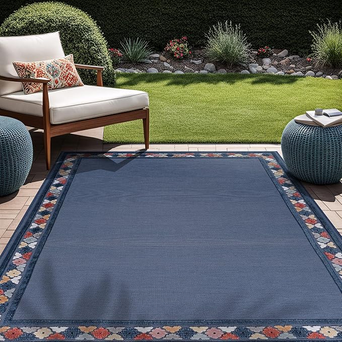 Beverly Rug Outdoor Rug 9x12 Modern Bordered Large Area Rugs for Indoor and Outdoor Patio Easy to Clean Non Shedding Living Room Porch Garden Washable Outside Carpet (9 x 12 Blue)-Ruum Studio Home