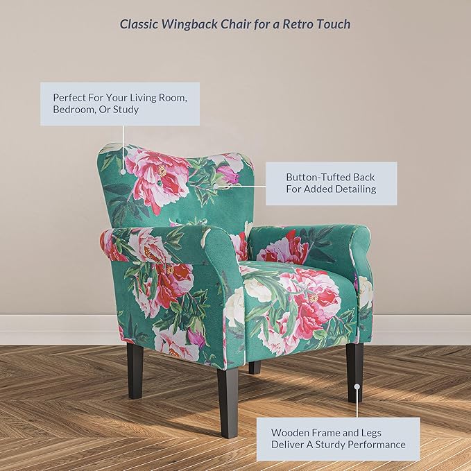 BELLEZE Modern Accent Chair, High Back Armchair, Upholstered Wingback Side Chair, Padded Single Sofa with Wooden Legs for Living Room, Bedroom - Green & Flower-Ruum Studio Home