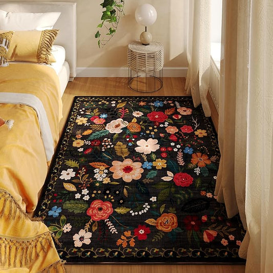 Bedroom Rug 3x5 Rug Washable Area Rug Non Slip Low Pile Boho Floral Small Carpet for Bedroom, Bedside, Kitchen, Entryway, Kids Room, Office, College Dorm Essentials for Girls(Black)-Ruum Studio Home