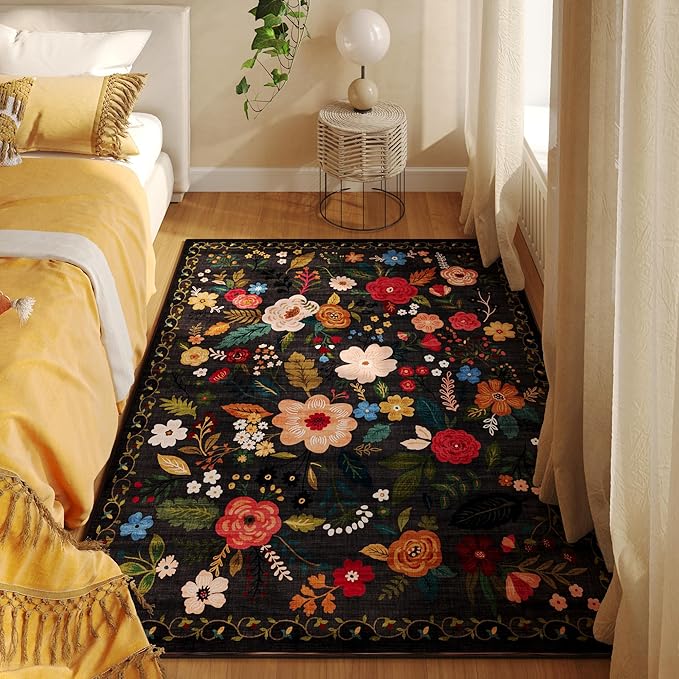 Area Rug 4x6 Rug Washable Boho Rugs Non Slip Low Pile Floral Small Carpet for Bedroom, Bedside, Kids Room, Office, Dining Room(Black)-Ruum Studio Home