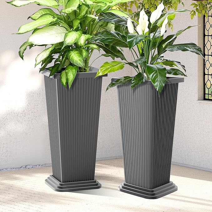 FENCY Set of 2 Tall Planters for Outdoor Plants, 24 Inch Large Tapered Pots with Drainage Trays, Weather-Resistant Plastic Plant Containers for Patio, Porch, Garden, Front Door Decor,Gray,Striped-Ruum Studio Home