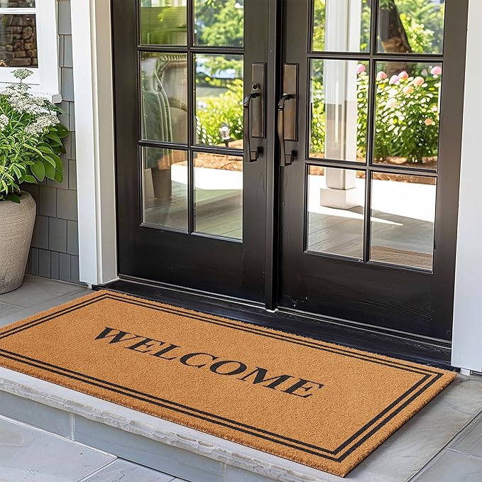Barnyard Designs Natural Coco Coir Heavy Duty Backing Doormat - Large Cute Non-Slip Front Door Welcome Mat for Outside Entrance or Porch Entry, Brown (36x72, Welcome)-Ruum Studio Home