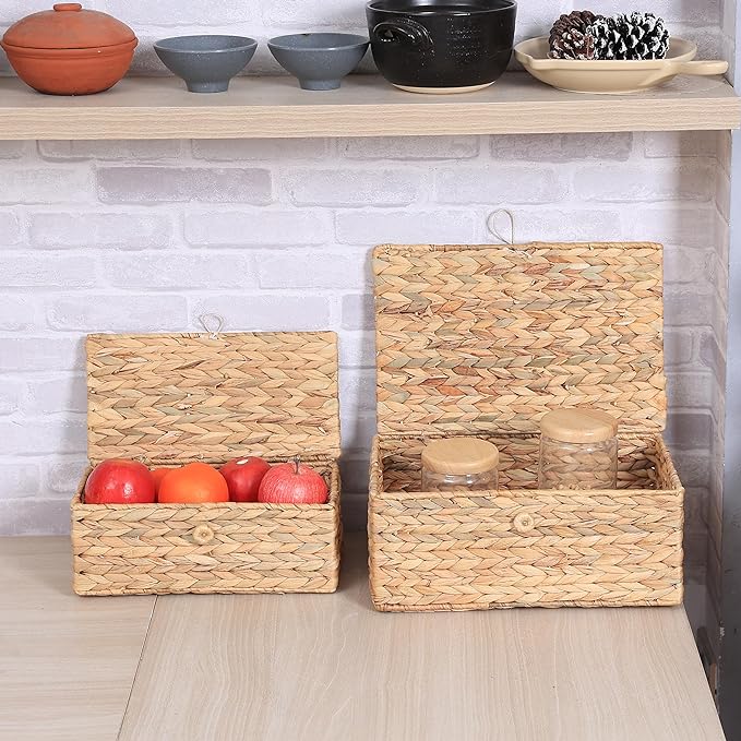 Set of 2 Rectangular Wicker Storage Bins with Lid, Rattan Basket Decorative Boxes, Multipurpose Organizer Display Boxes for Shelf Organizer, Boho Rattan Box for Home Decoration-Ruum Studio Home