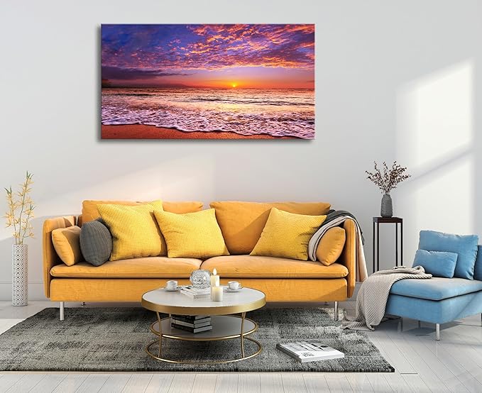 Beach Wall Art Sunset Canvas Pictures, Seascape Theme Art Wall Pictures, Coastal Ocean Wave Paintings,Modern Cloud Artwork for Bedroom Living Room Bathroom Home Office Decorations 20X40 Inches-Ruum Studio Home