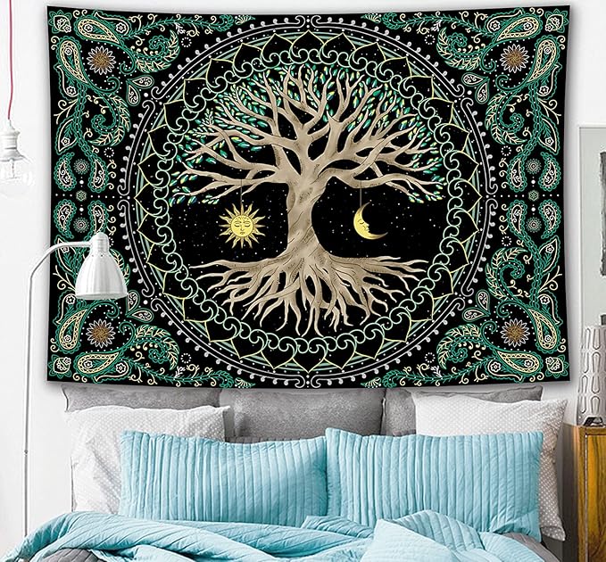 FORATER Tree of Life Tapestry Wall Hanging Aesthetic Sun and Moon Tapestry with Vintage Paisley Flowers Colorful Tree Wall Tapestries for Bedroom, Living Room, Dorm(61 x 82 inches, Multicolor)-Ruum Studio Home