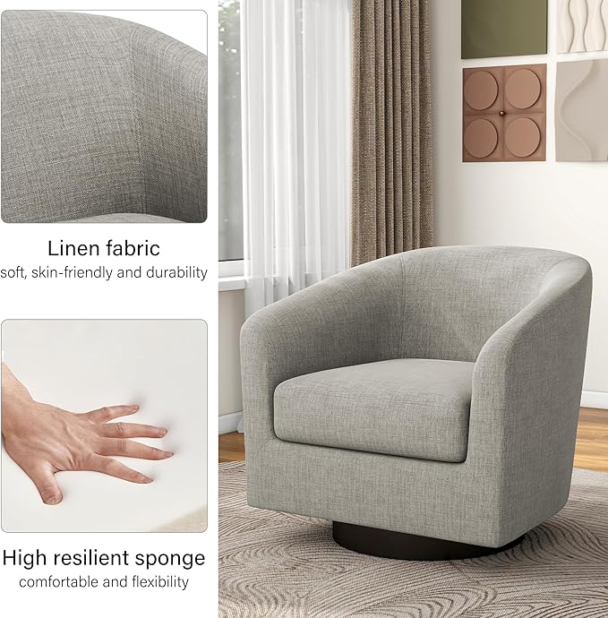 Swivel Barrel Accent Chair, Modern Round Linen Arm Chair for Living Room, Bedroom, Comfy Club Reading Chairs for Adults（Linen Fabric, Khaki, Set of 1-Ruum Studio Home