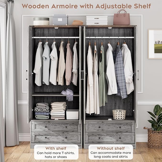 Brafab Armoire Wardrobe Closet with 2 Modern Doors, 71" Tall Freestanding Closet Wardrobe Cabinet with Drawers and Hanging Rail, Light Wooden Storage Cabinet with Shelve for Bedroom (Grey, 2 Doors)-Ruum Studio Home