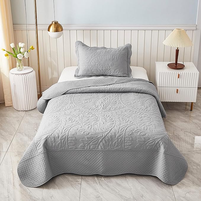 MarCielo 3-Piece 100% Cotton Oversized Bedspread Lightweight Quilt Coverlet Embroidery Farmhouse Bedding Set T0 (Light Grey, Twin (68"x86"))-Ruum Studio Home