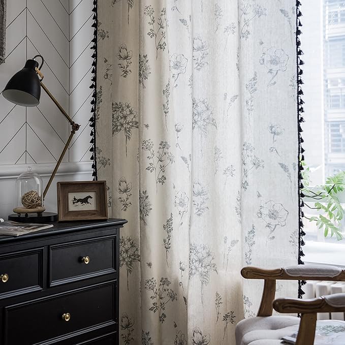 Sutuo Home Boho Curtain with Handmade Tassels, Rod Pocket Window Treatment Vintage Rustic Bohemian French Farmhouse Semi-Blackout Print Drape for Bedroom, 1 Panel 59" W x 84" L,Grey Floral-Ruum Studio Home