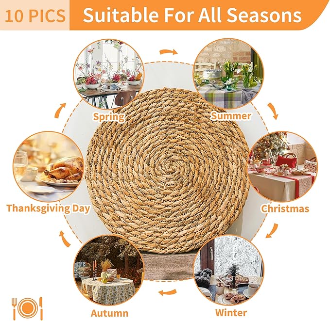 Defined Deco Woven Placemats Set of 10,13.5" Round Rattan Placemats,Farmhouse Weave Rustic Braided Wicker Table Mats for Dining Table Home Wedding-Ruum Studio Home