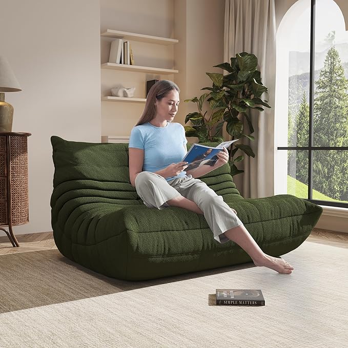 Bean Bag Chair, Oversized Loveseat Fireside Chair for Adults, 2 Seater with Memory Foam Filled, Lazy Sofa Lounge Floor Sofa for Living Room, Bedroom, Office, No Assembly Required. (Green)-Ruum Studio Home