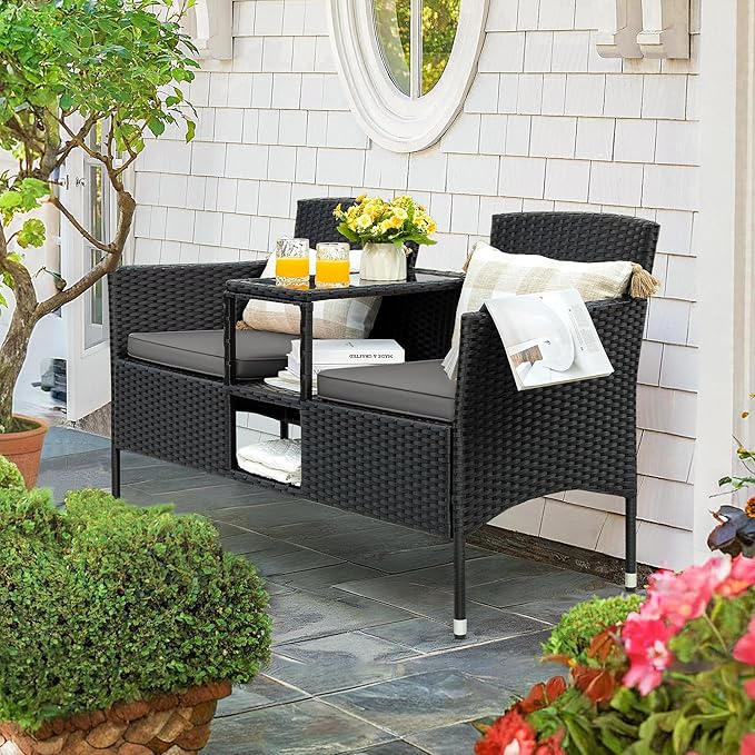 Flamaker Outdoor Furniture Patio Loveseat Wicker 2-Seat with Built-in Table and Cushions Rattan Porch Chairs Bench for Balcony, Lawn, Backyard (Grey)-Ruum Studio Home