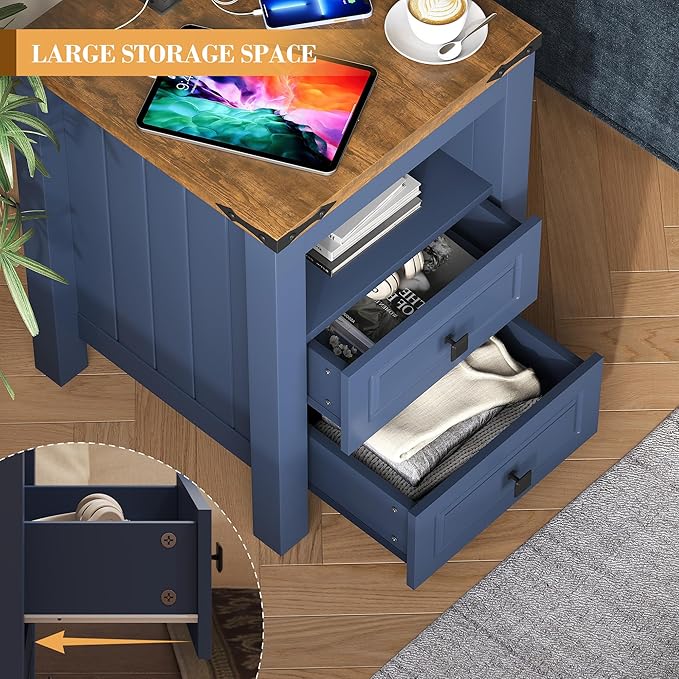 Apicizon Side Table, Farmhouse End Table with Charging Station and Storage Cabinet, 17'' Bedside Table with Drawers, Rustic Small Coffee Table for Living Room, Bedroom-Ruum Studio Home