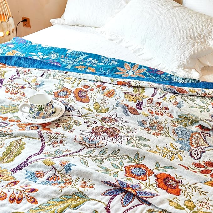 Boho Throw Blanket, 100% Organic Cotton Breathable Ultra Soft Bed Quilt Throw - All Season Floral Bird Butterfly Farmhouse Decor Blanket for Sofa Couch Chair and Gift. 60" x 80"-Ruum Studio Home