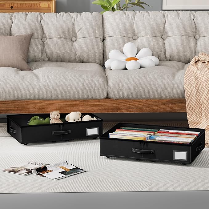 Underbed Storage With Wheels, No Assembly Required - 5.5 Inch Height Black Underbed Bins, Low Profile Rolling Shoe Storage Containers for Dorm-Ruum Studio Home