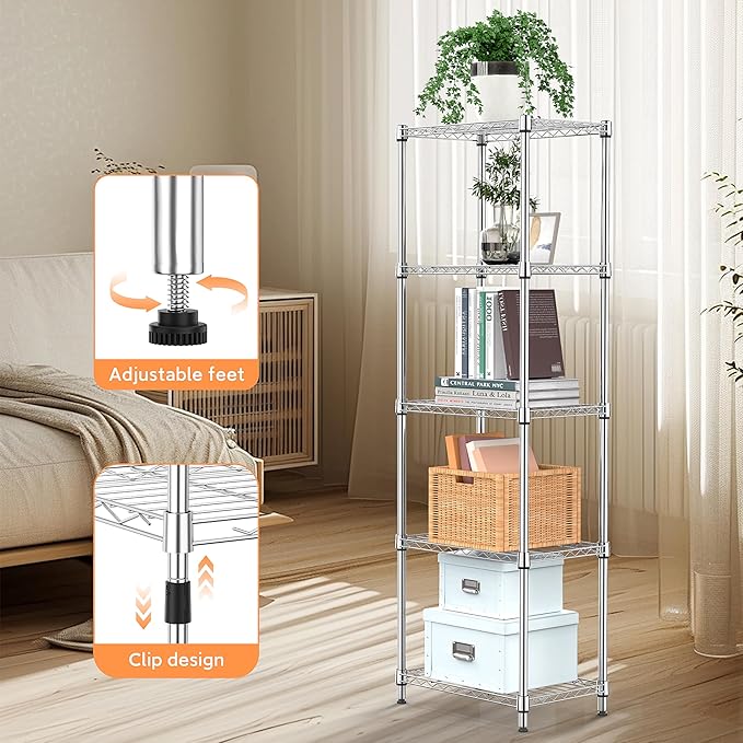 5 Tiers Shelf Metal Storage Shelves Wire Rack Closet Organizers with Wheel for Garage Kitchen Bathroom Laundry Chrome 11.8" D x 17.7" W x 55" H-Ruum Studio Home