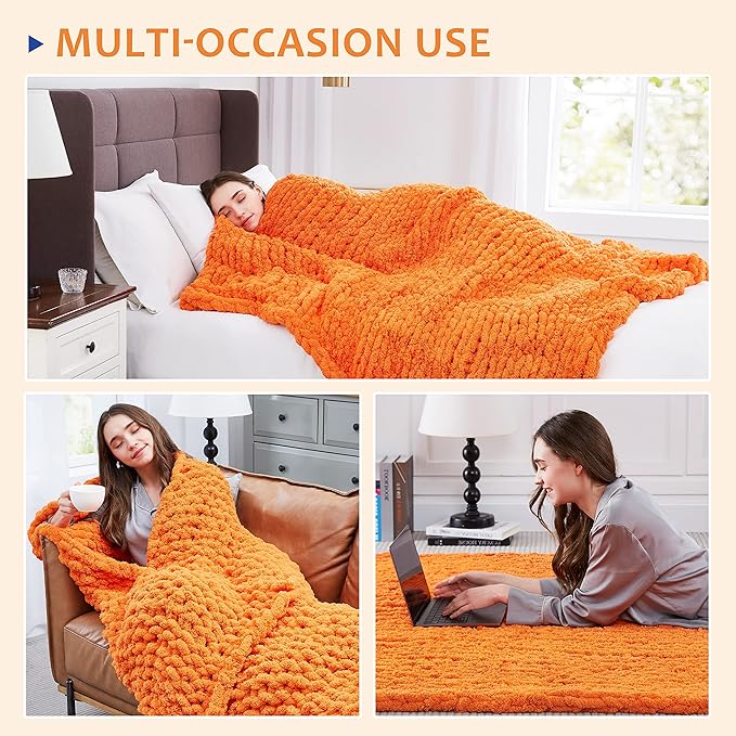 L'AGRATY Chunky Knit Blanket Throw: 72''x84'' Chenille Chunky Knitted Throw Blanket for Bed Couch - Handmade Thick Big Cable Knit Blanket - Large Chunky Crochet Rope Blanket for Home Decor(Orange)-Ruum Studio Home