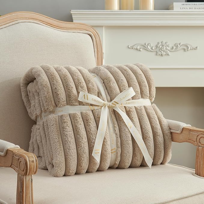 Amélie Home Faux Fur Throw Blanket for Couch, Cozy Fuzzy Fluffy Fur Luxurious Soft Striped Plush Gift Blankets for Family Sofa Chair Bed Living Room Bedroom, 55"x70", Beige-Ruum Studio Home