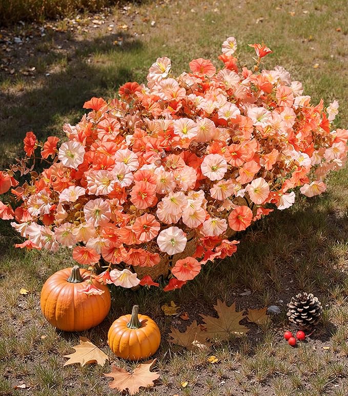 Artificial Mums for Outdoors Fake Fall Flowers Plants for Autumn Decoration, 12 Bundles Silk Morning Glory with Eucalyptus Look Real UV Resistant Faux Mums for Outside Planters Yard Patio Porch, Mix-Ruum Studio Home